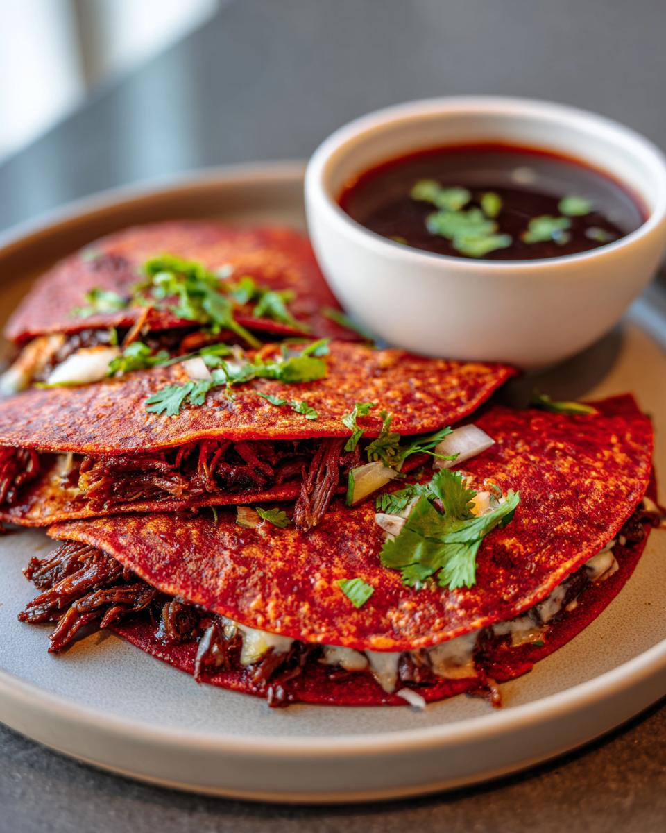 Close-up of three red My Fave Birria Tacos filled with shredded meat and cheese, served with a side of consommé.