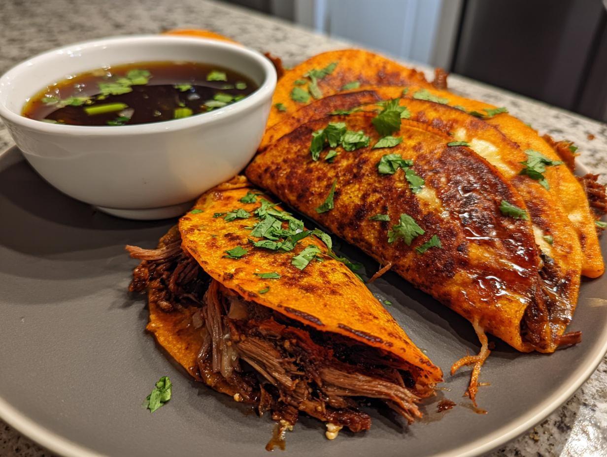 Close-up of My Fave Birria Tacos on a gray plate, served with a side of consommé.