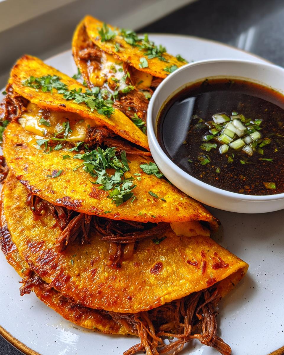 Close-up of My Fave Birria Tacos, golden-brown tortillas filled with shredded meat and cheese, served with a side of consommé.