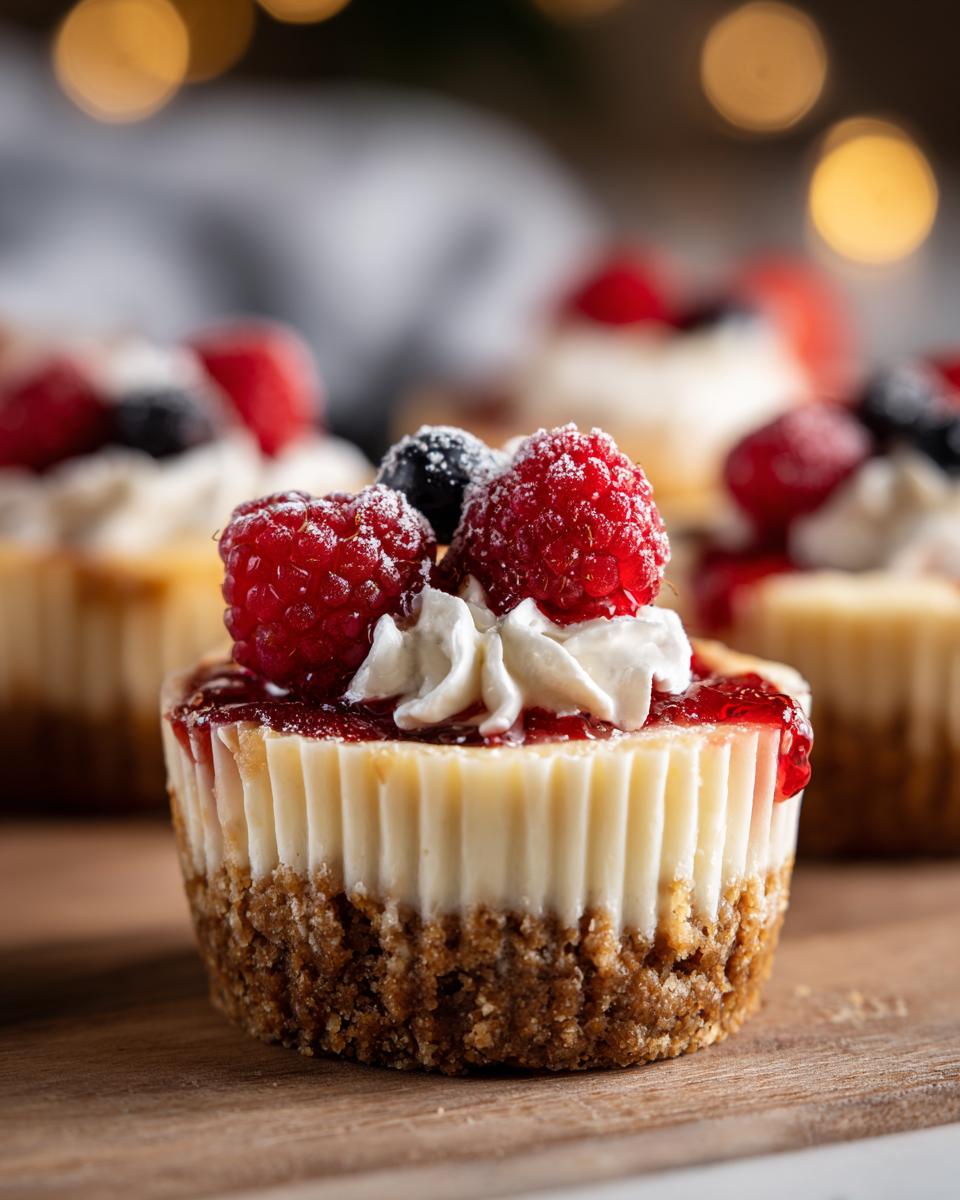 Close-up of no bake cheesecake cups topped with whipped cream and raspberries, perfect for Fourth of July desserts.