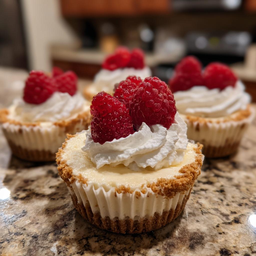 Close-up of no bake cheesecake cups topped with whipped cream and fresh raspberries, perfect for Fourth of July desserts.