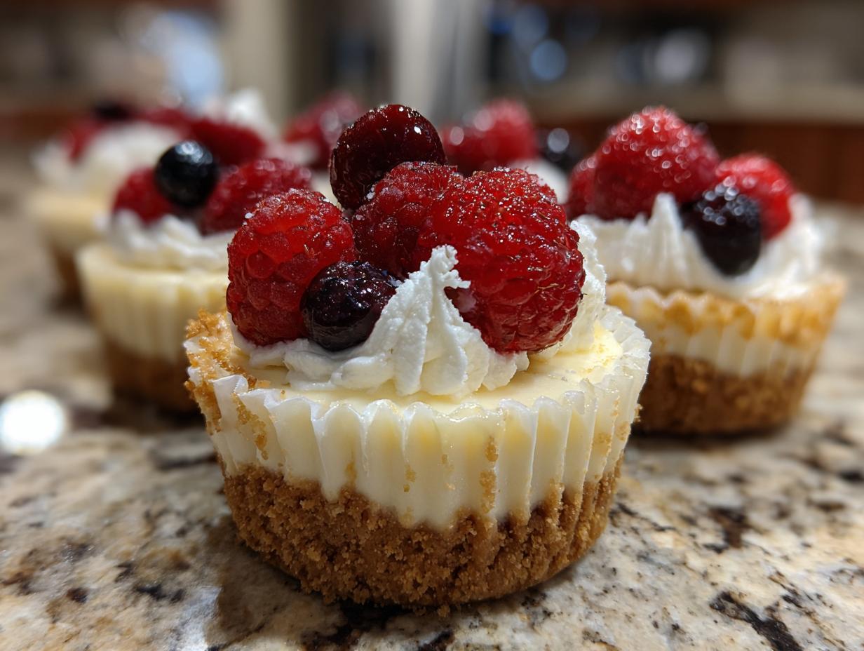 Close-up of no bake cheesecake cups topped with whipped cream, raspberries, and blueberries, perfect for Fourth of July desserts.