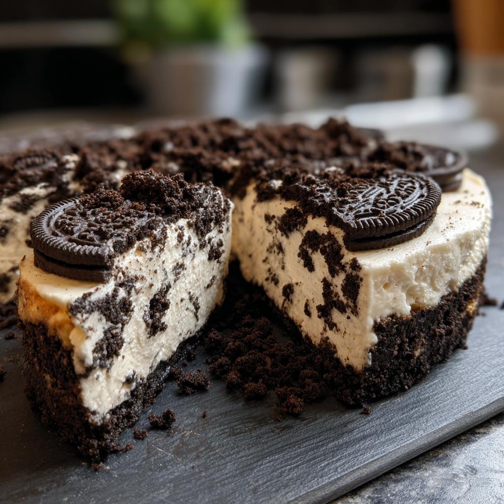 A slice of no bake Oreo cheesecake, topped with crushed Oreos and a whole Oreo cookie.