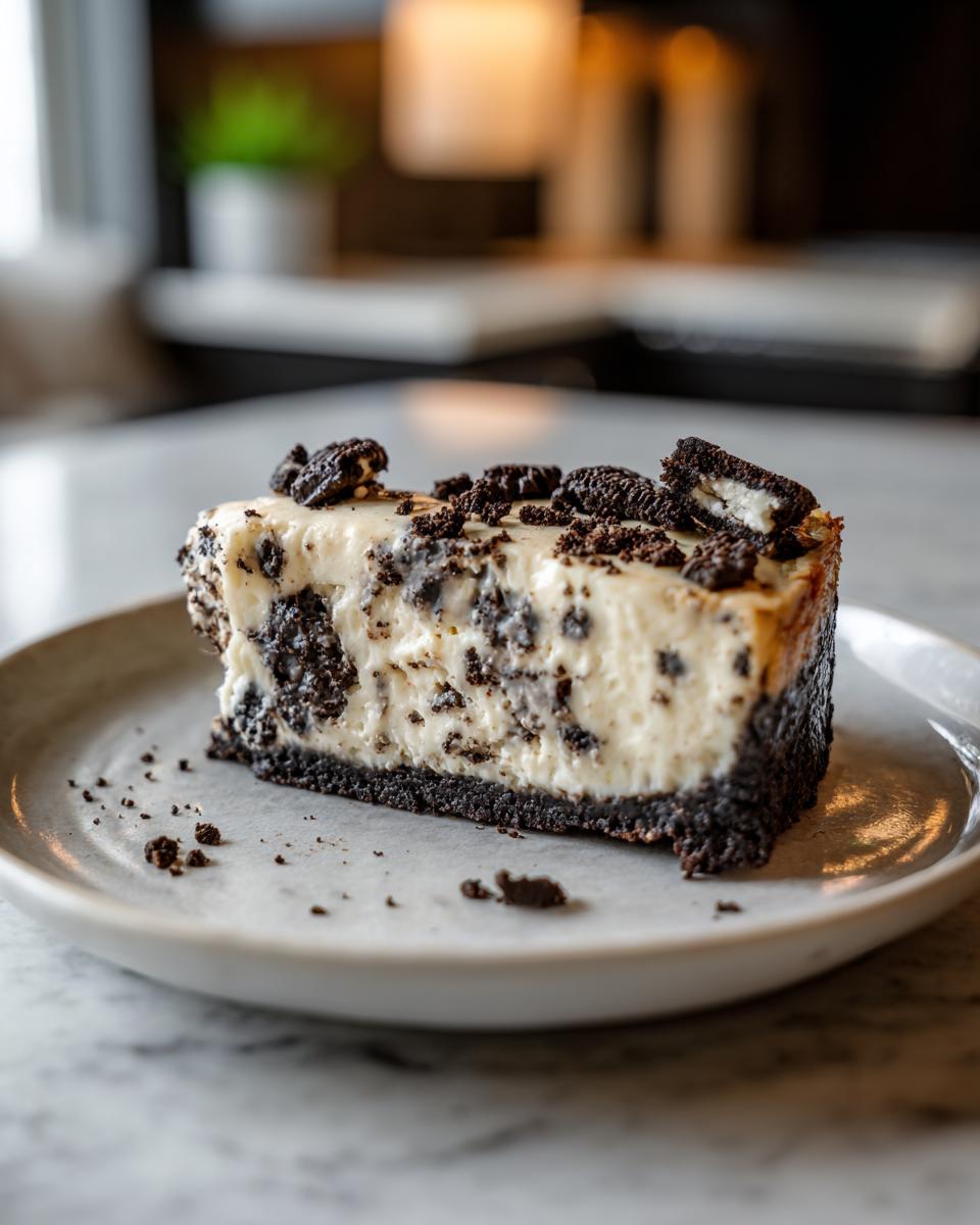 A slice of no-bake Oreo cheesecake on a plate, topped with crushed Oreos.