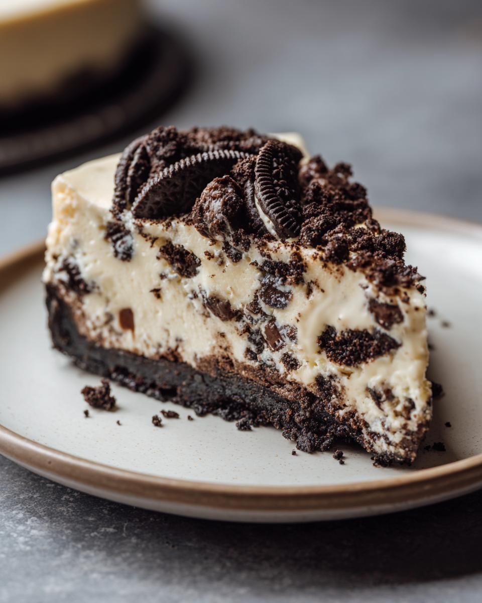 A delicious slice of no bake Oreo cheesecake topped with crushed Oreos and whole Oreos.