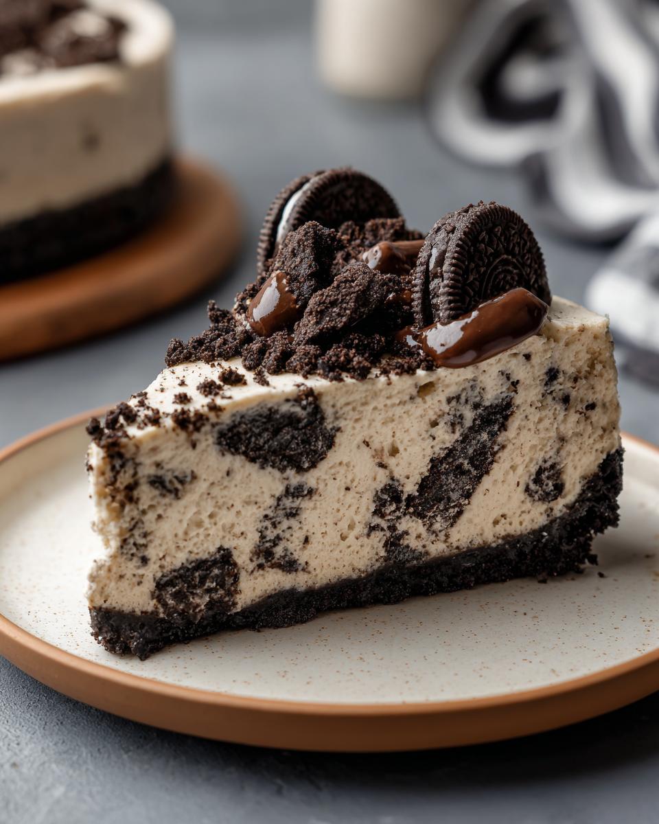 A slice of creamy no bake Oreo cheesecake topped with crushed Oreos and chocolate drizzle.