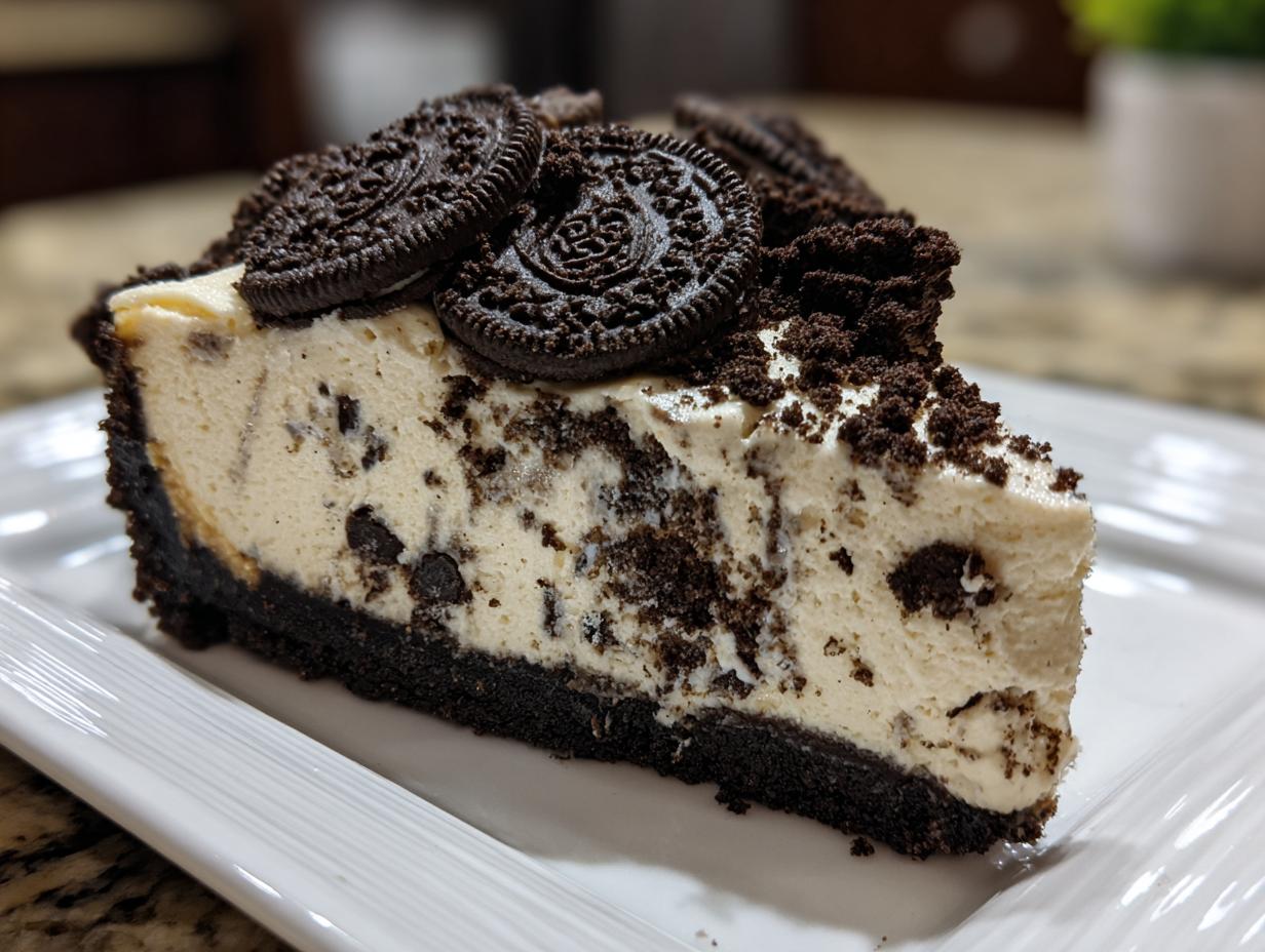 A slice of no-bake Oreo cheesecake with a chocolate cookie crust, topped with whole Oreos and crushed cookie crumbs.