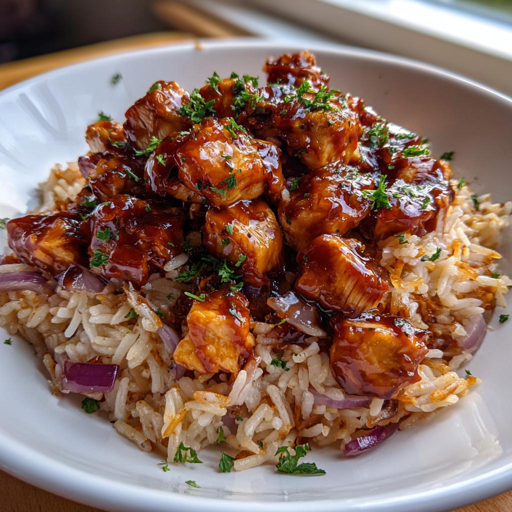 A close-up of a white bowl filled with One-Pan Honey BBQ Chicken Rice, topped with glazed chicken pieces and fresh parsley.
