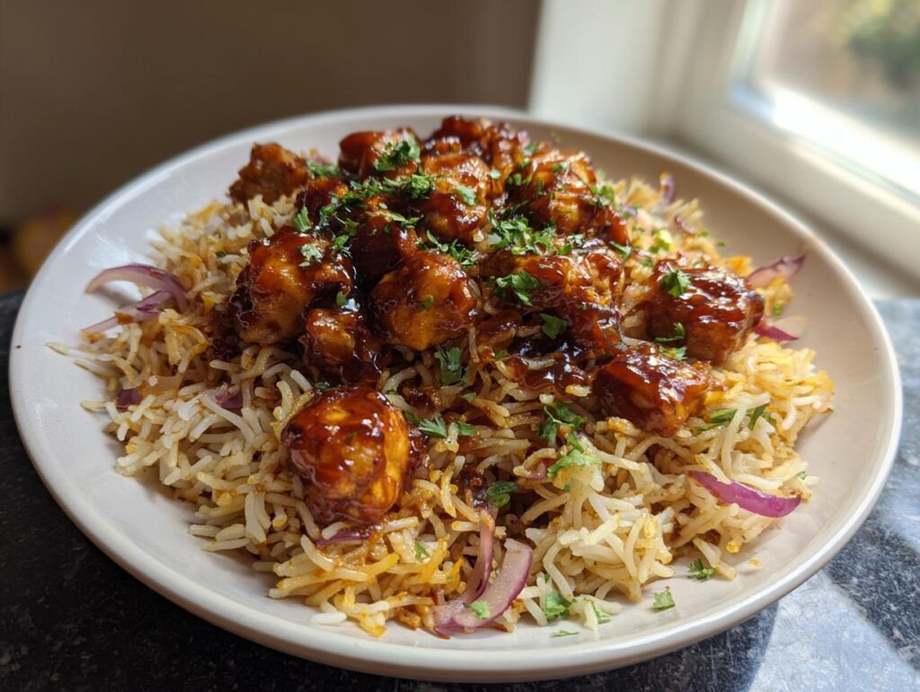 A close-up of a bowl of fluffy rice topped with glazed chicken pieces and garnished with chopped parsley and red onion.