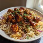A close-up of a bowl of fluffy rice topped with glazed chicken pieces and garnished with chopped parsley and red onion.