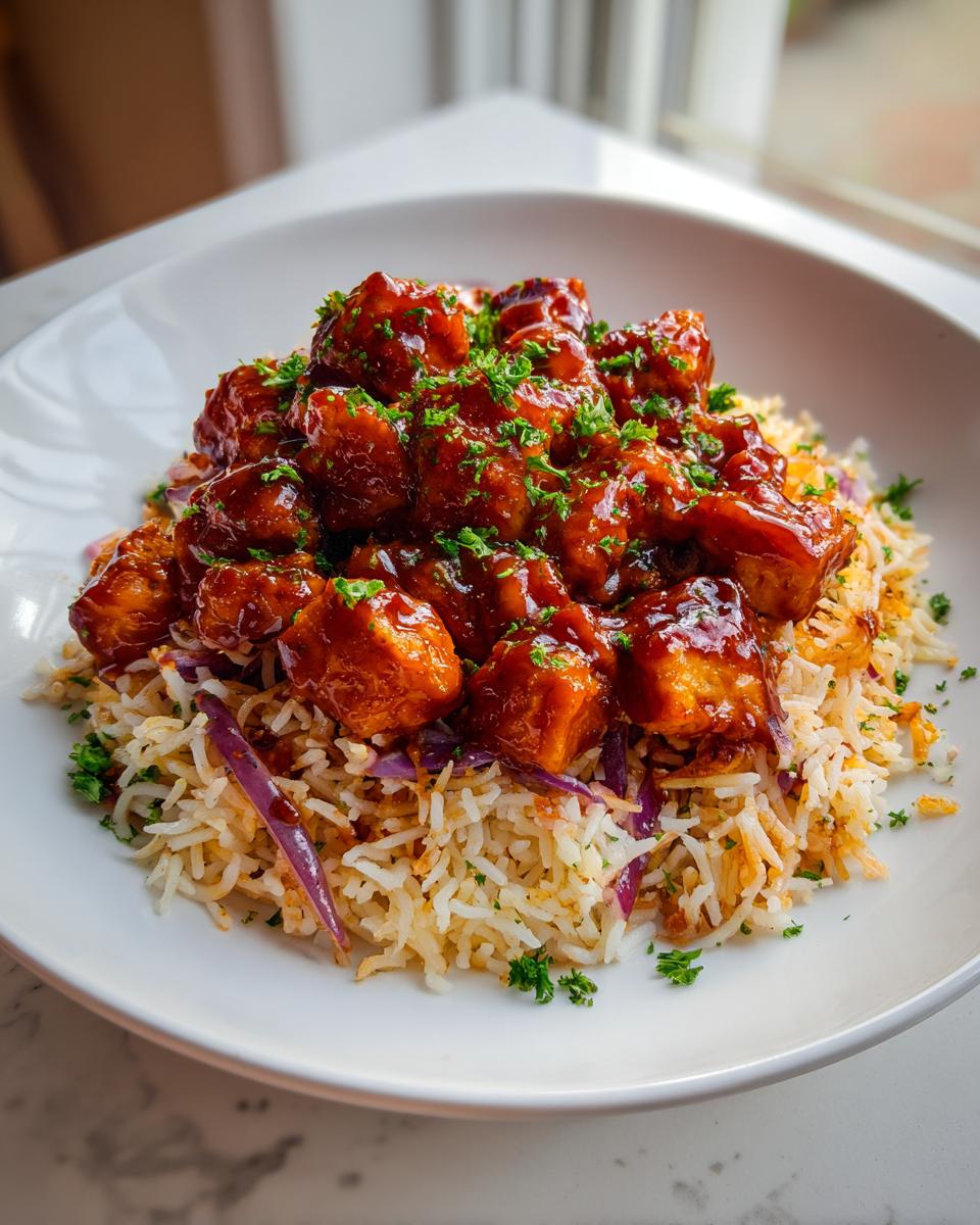 A bowl of One-Pan Honey BBQ Chicken Rice topped with chopped parsley.