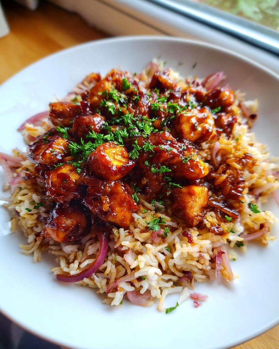 A close-up of a white bowl filled with One-Pan Honey BBQ Chicken Rice, garnished with fresh parsley and red onions.