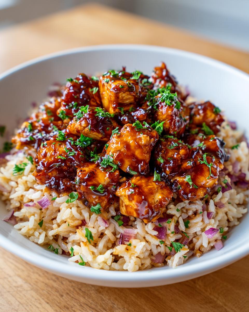 A close-up of a white bowl filled with fluffy rice, diced red onions, and topped with glistening pieces of Honey BBQ Chicken, garnished with fresh parsley.