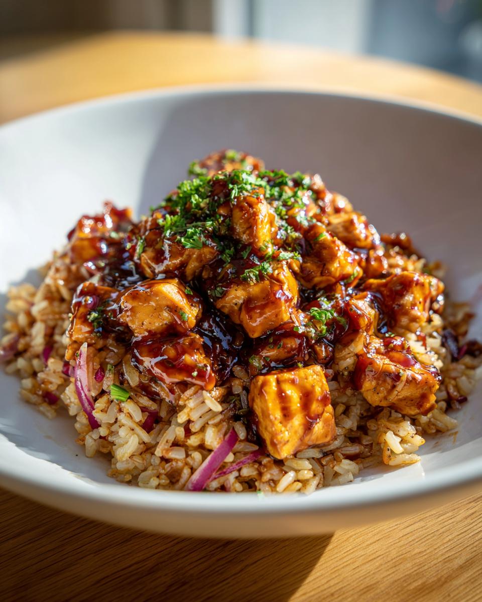 A close-up of a white bowl filled with One-Pan Honey BBQ Chicken Rice, topped with fresh parsley.