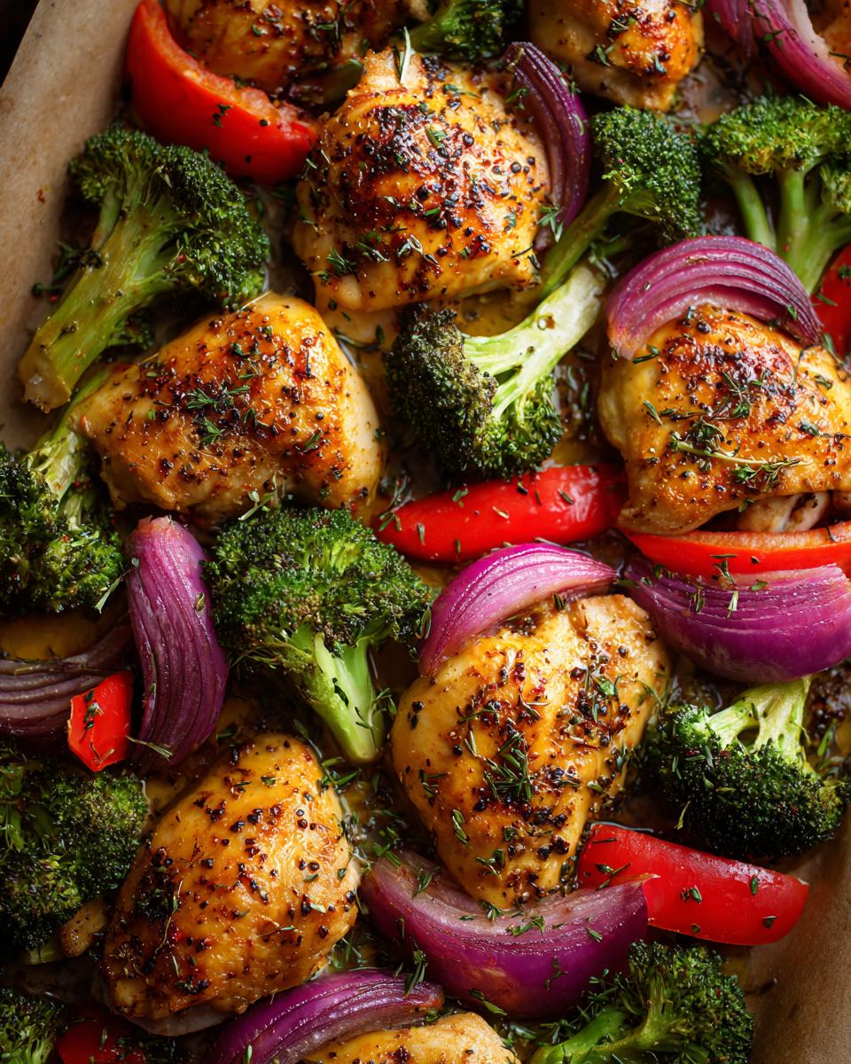 Close-up of a one pan lemon chicken dish with roasted broccoli florets and red onion wedges, seasoned with herbs.