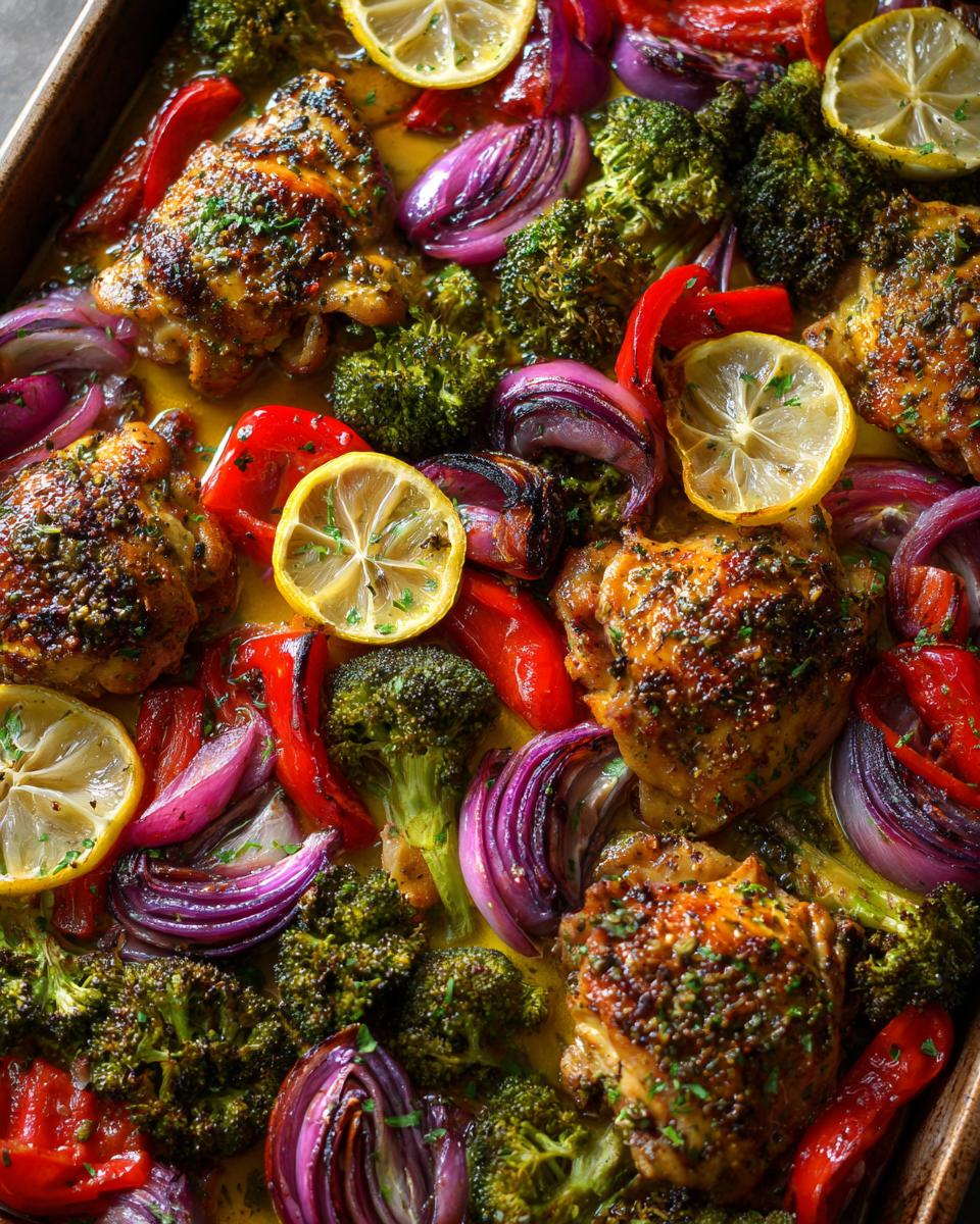 Close-up of a sheet pan filled with roasted chicken thighs, broccoli, red onion, red bell peppers, and lemon slices.
