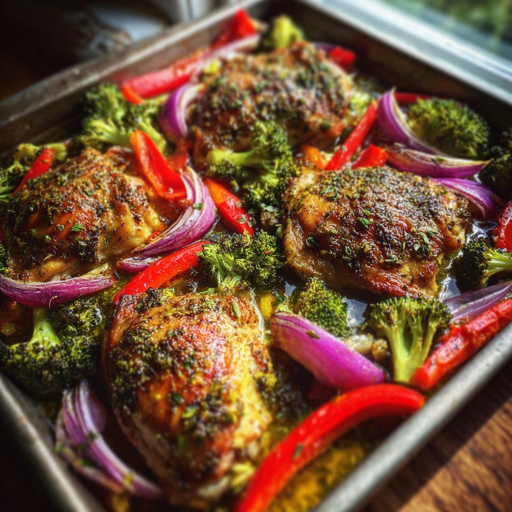 A close-up of a one pan lemon chicken dish with broccoli, red onion, and red bell peppers.
