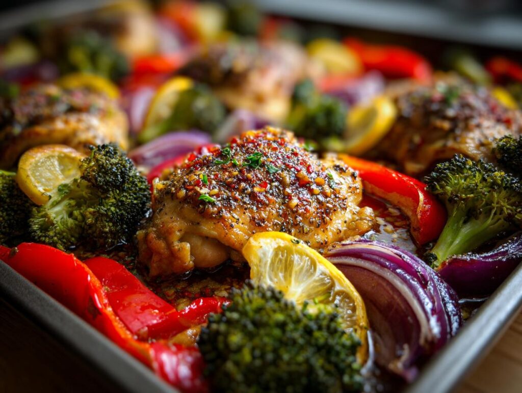 Close-up of a sheet pan with roasted chicken thighs, broccoli, red peppers, red onion, and lemon slices.