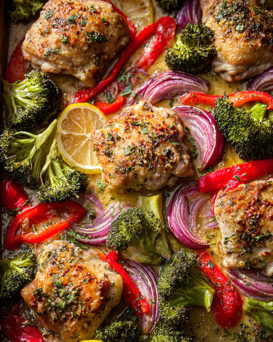 A close-up of a one-pan lemon chicken dish with roasted broccoli, red onion, red bell peppers, and lemon slices.
