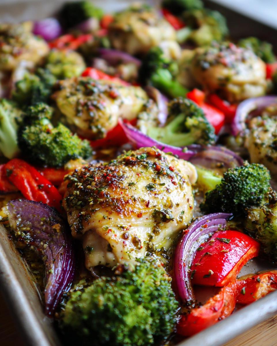 Close-up of a sheet pan filled with roasted chicken pieces, broccoli florets, red bell peppers, and red onion wedges, seasoned with herbs.