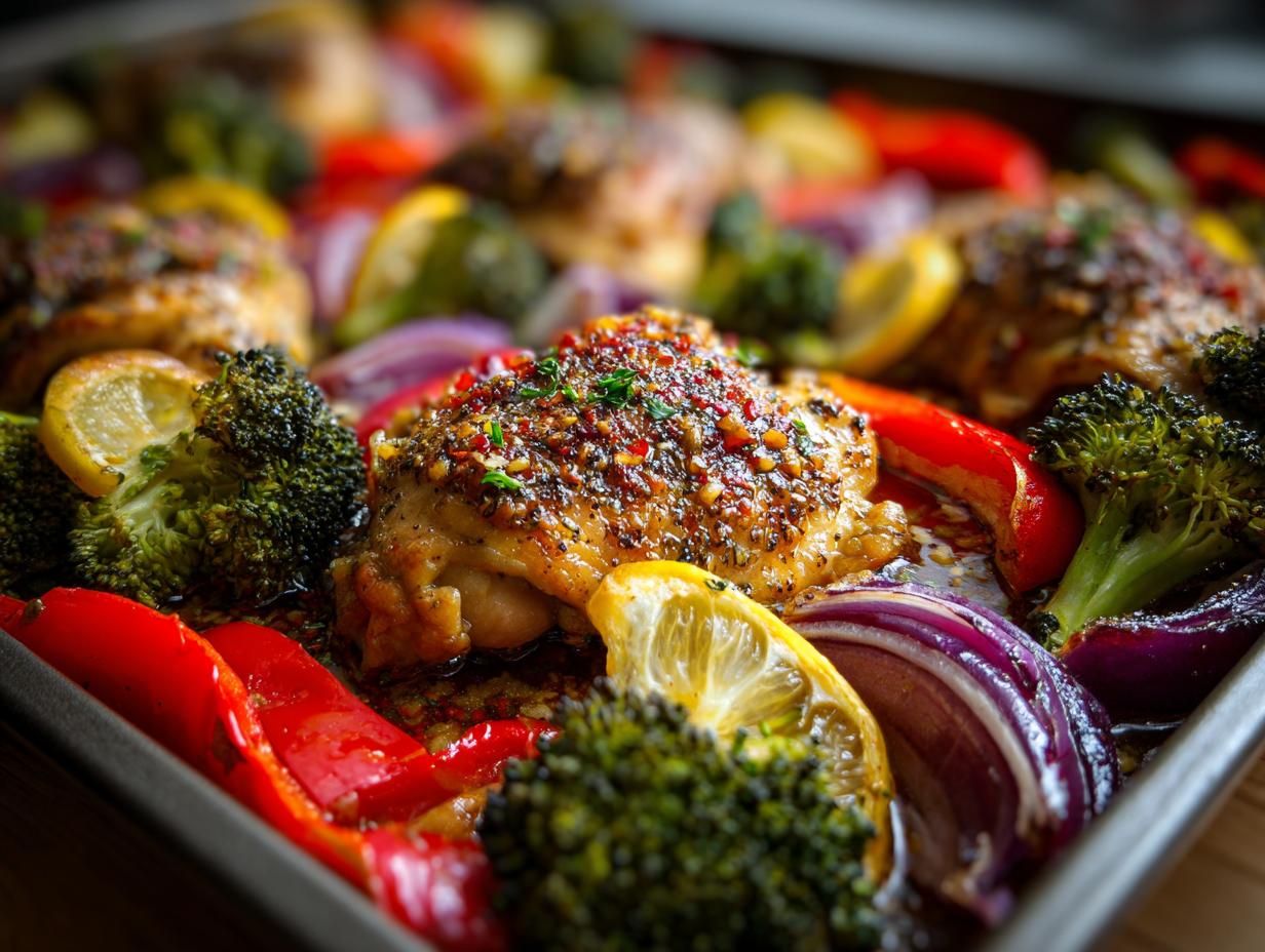 Close-up of a sheet pan with roasted chicken thighs, broccoli, red peppers, red onion, and lemon slices.