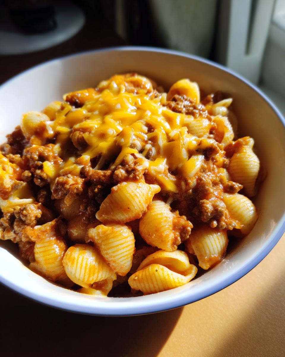 Close-up of a bowl filled with one pot taco pasta, featuring shell pasta, seasoned ground beef, and melted cheddar cheese.