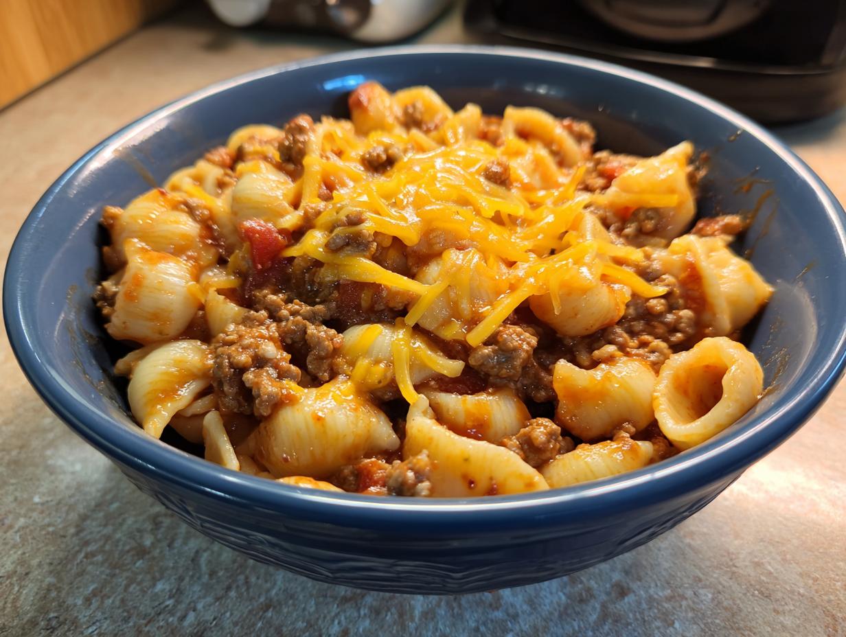 A blue bowl filled with one pot taco pasta, featuring shell pasta, seasoned ground beef, and melted cheddar cheese.