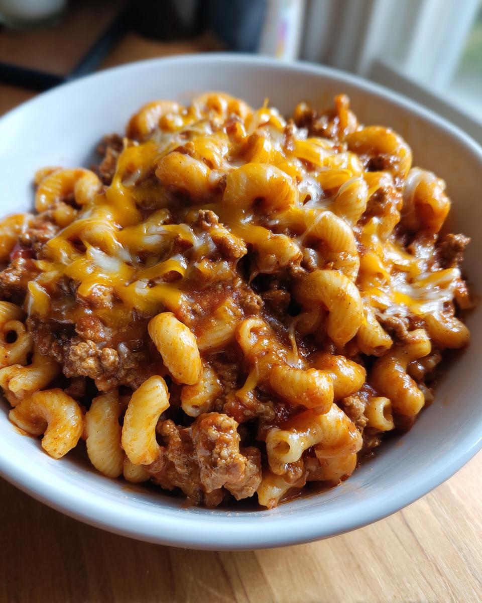 A close-up of a white bowl filled with cheesy one pot taco pasta, featuring elbow macaroni and seasoned ground beef.