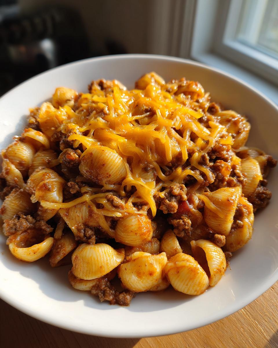 A bowl of one pot taco pasta with shell pasta, seasoned ground beef, and melted cheddar cheese.