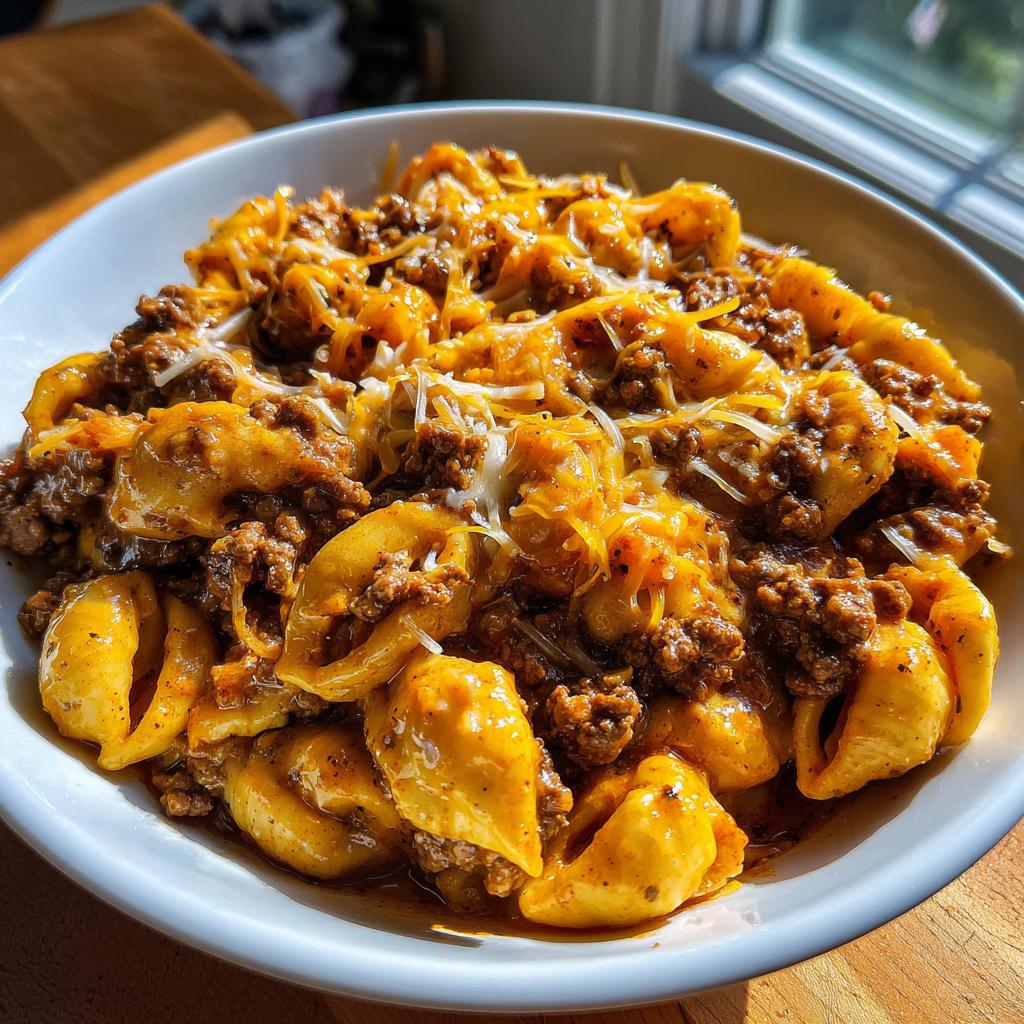A close-up of a bowl of one pot taco pasta, generously topped with melted shredded cheese and seasoned ground beef.