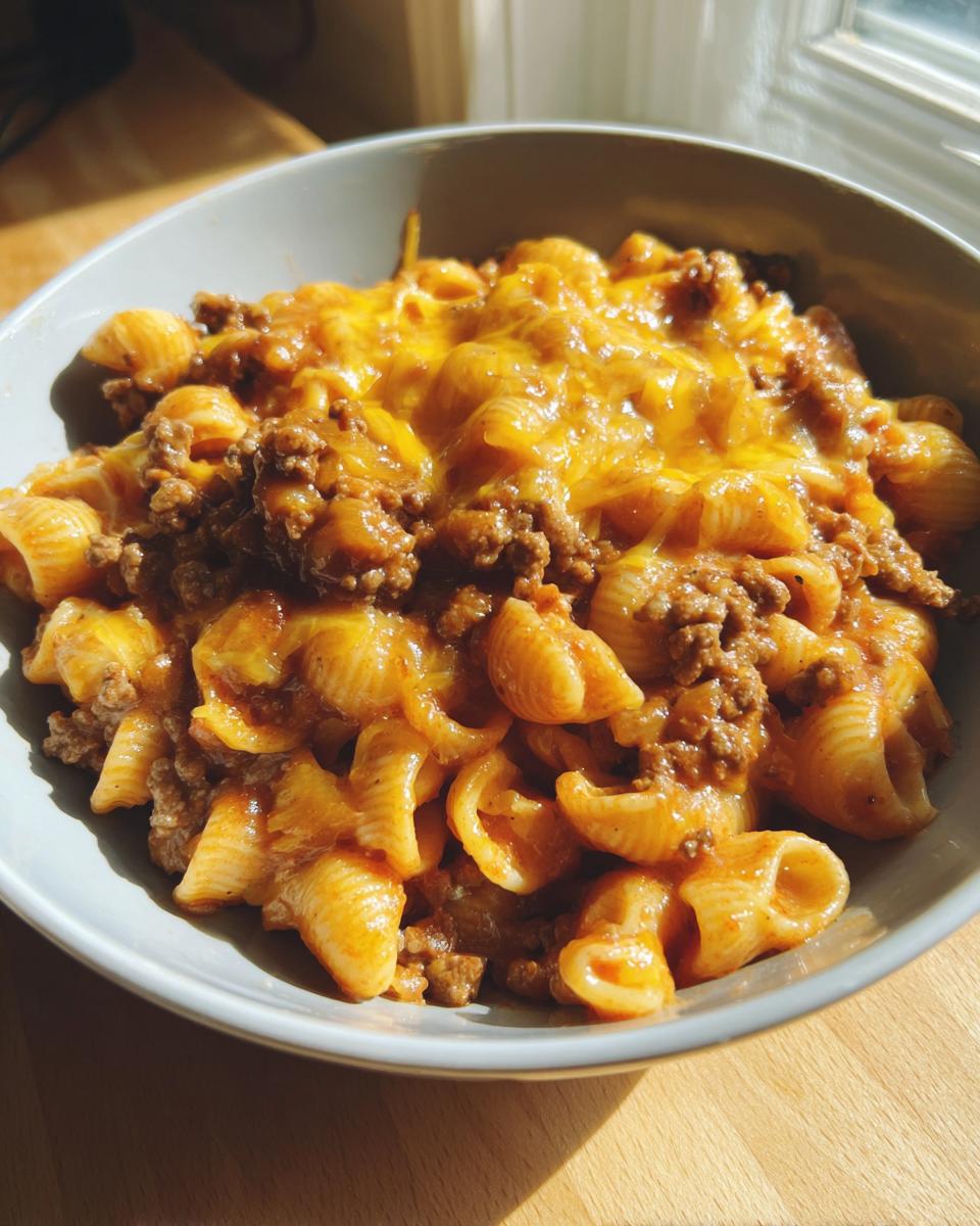 A bowl of one pot taco pasta with ground beef and melted cheddar cheese.