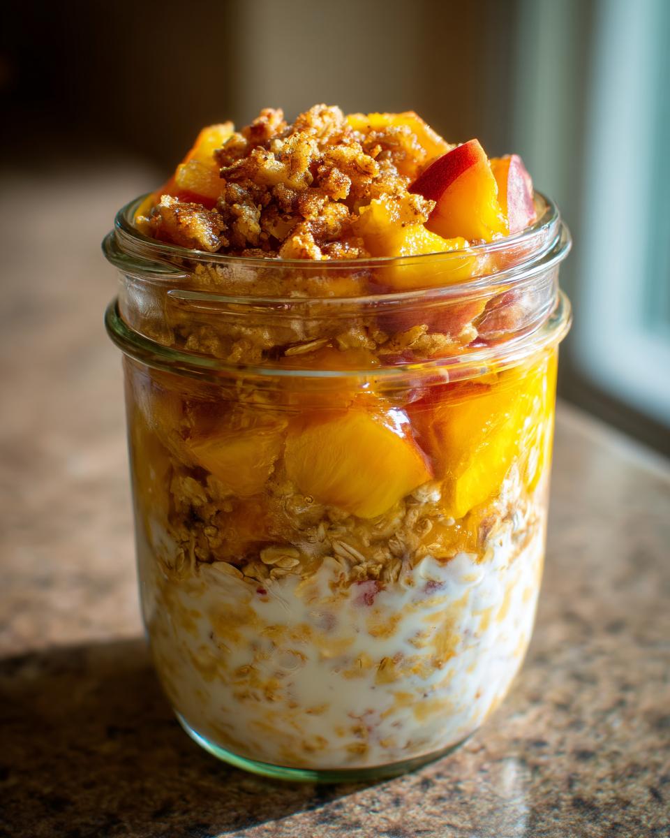 A glass jar filled with overnight oats, layered with fresh peaches and a crunchy crisp topping, showcasing peach recipes.