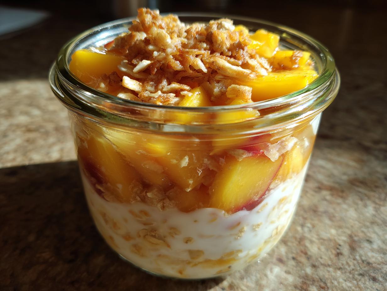 Overnight oats in a glass jar layered with fresh peaches and a crunchy oat crisp topping. A delicious peach recipe.