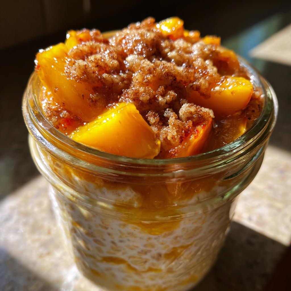 Close-up of overnight oats in a jar topped with fresh peaches and a cinnamon crisp crumble, showcasing peach recipes.