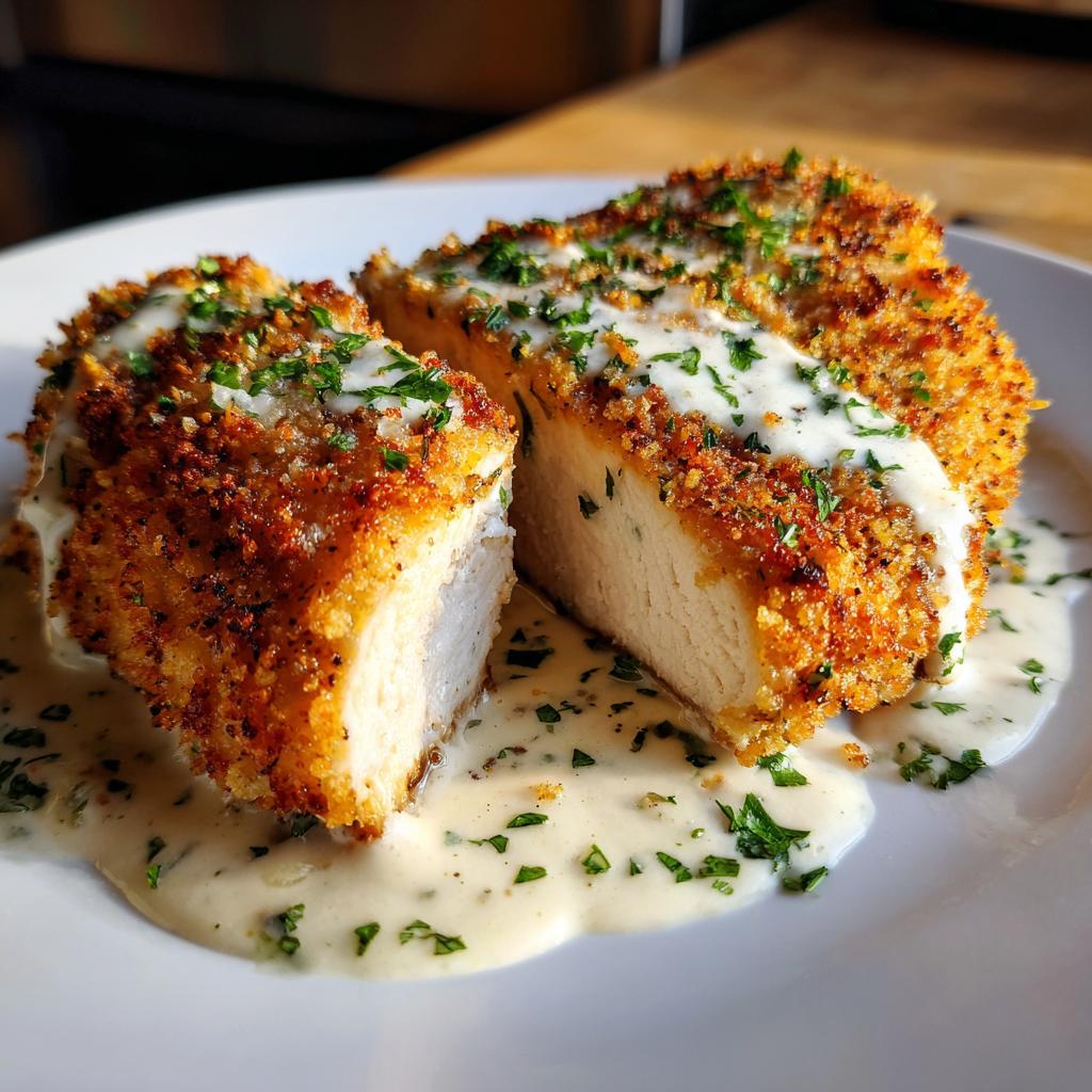A close-up of Parmesan Crusted Chicken with Creamy Garlic Sauce, sliced in half to reveal juicy chicken and topped with fresh parsley.