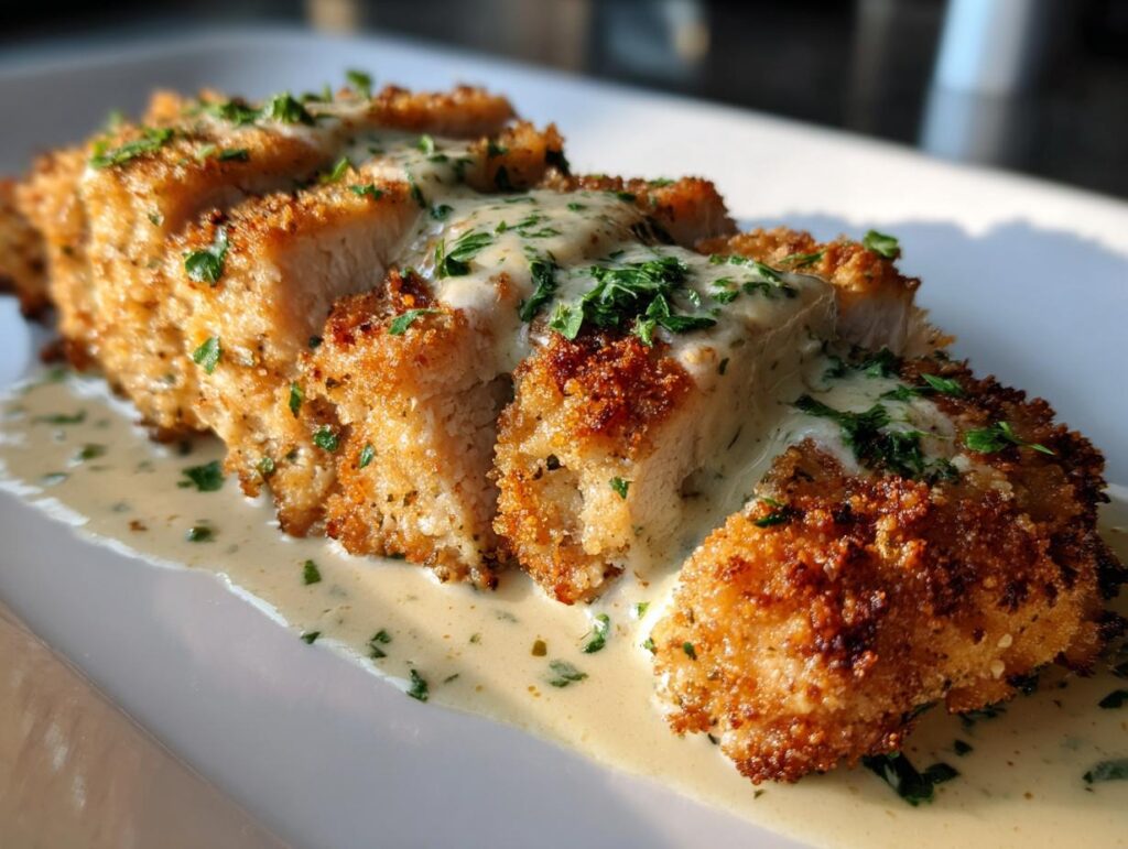 A close-up of sliced Parmesan Crusted Chicken with Creamy Garlic Sauce, garnished with parsley.