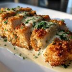 A close-up of sliced Parmesan Crusted Chicken with Creamy Garlic Sauce, garnished with parsley.