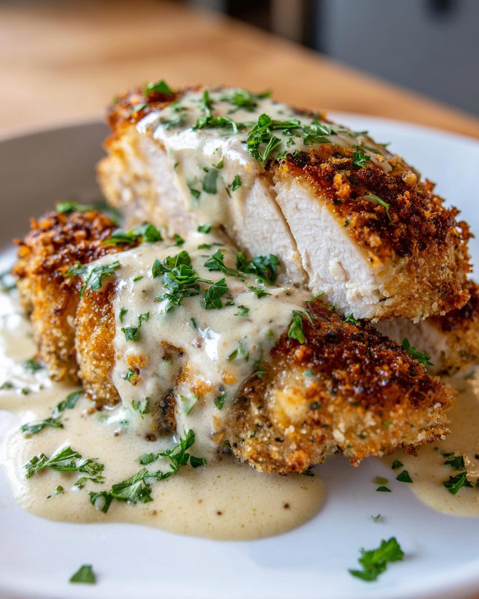 Close-up of Parmesan Crusted Chicken with Creamy Garlic Sauce, garnished with parsley.
