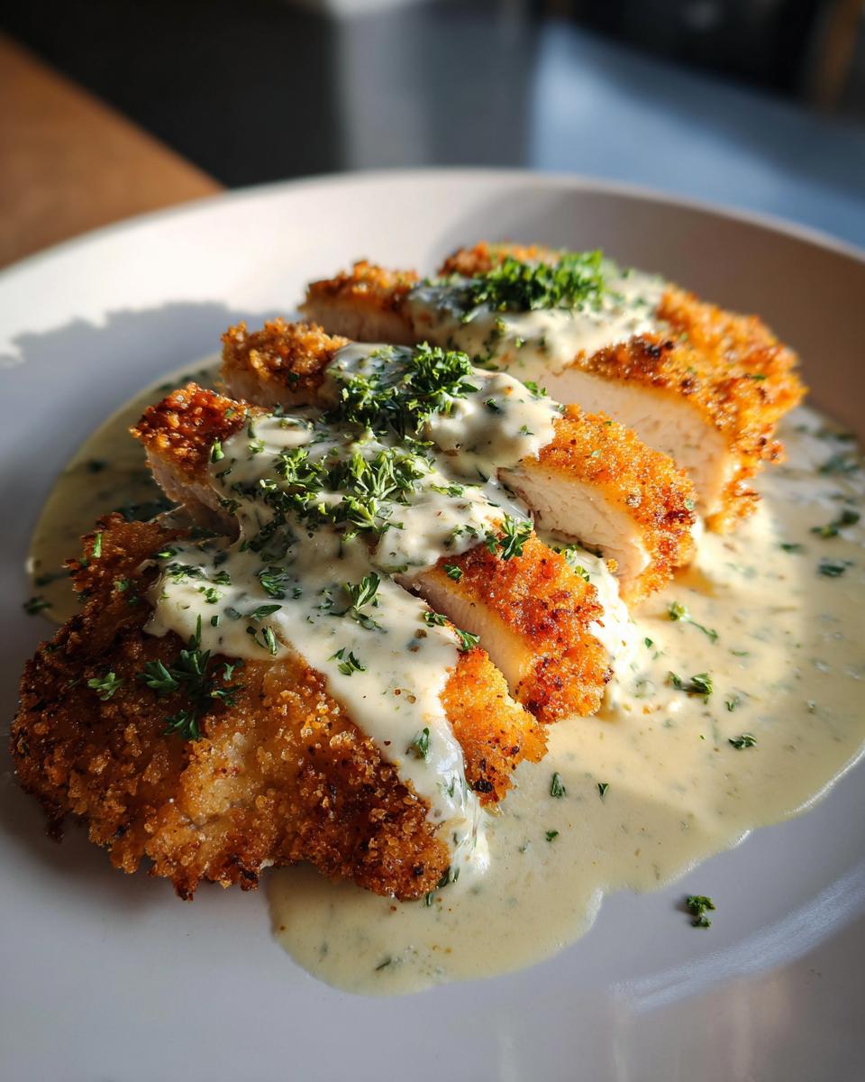 Close-up of sliced Parmesan Crusted Chicken with Creamy Garlic Sauce, garnished with parsley.