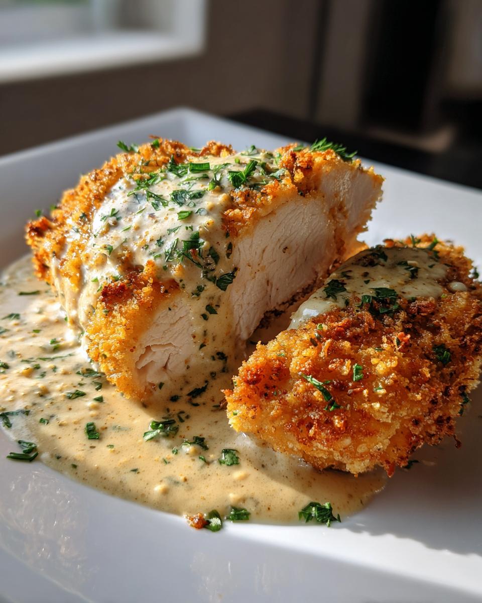 A close-up of Parmesan Crusted Chicken with Creamy Garlic Sauce, showing a juicy interior and golden crust.