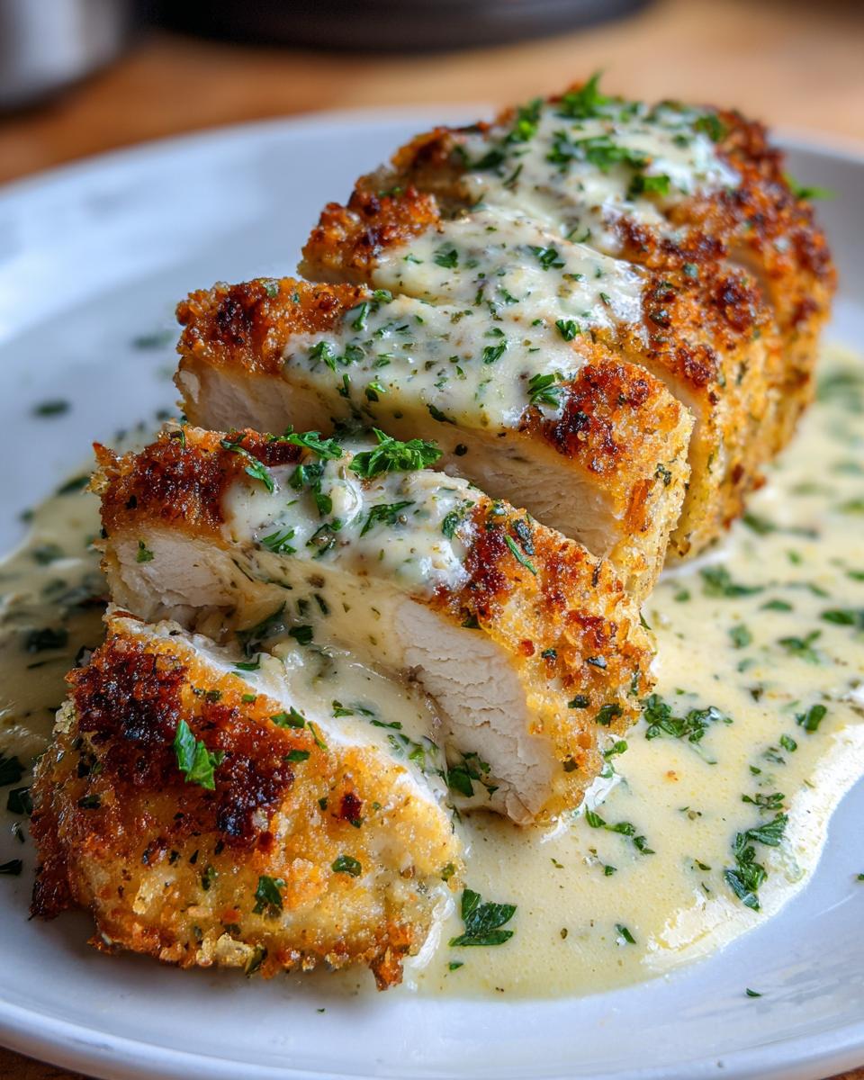 A close-up of sliced Parmesan Crusted Chicken with Creamy Garlic Sauce, garnished with parsley.