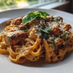 A close-up of creamy Parmesan Marry Me Chicken Pasta with fettuccine noodles, chicken pieces, and fresh basil.