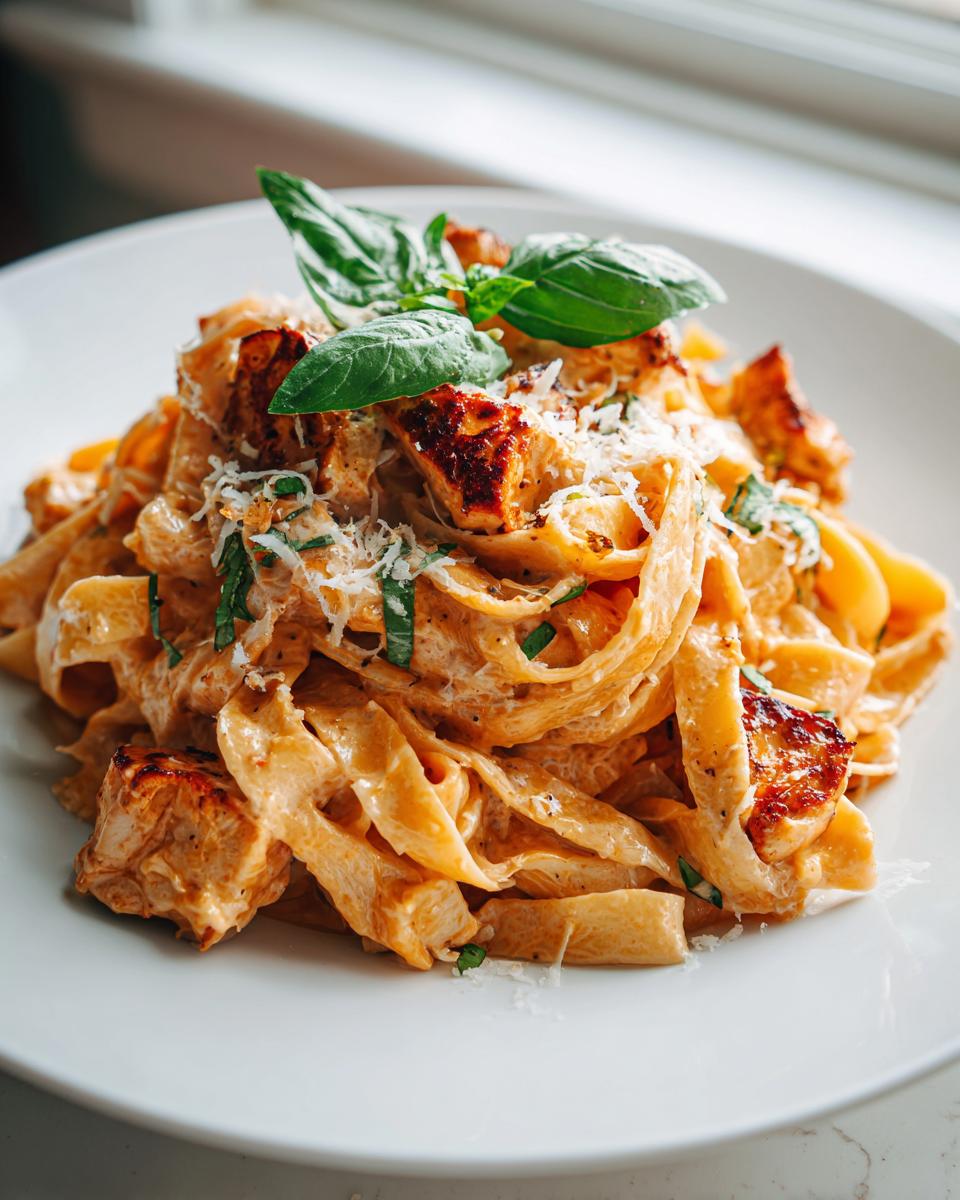 A close-up of creamy Parmesan Marry Me Chicken Pasta, topped with fresh basil and grated cheese.