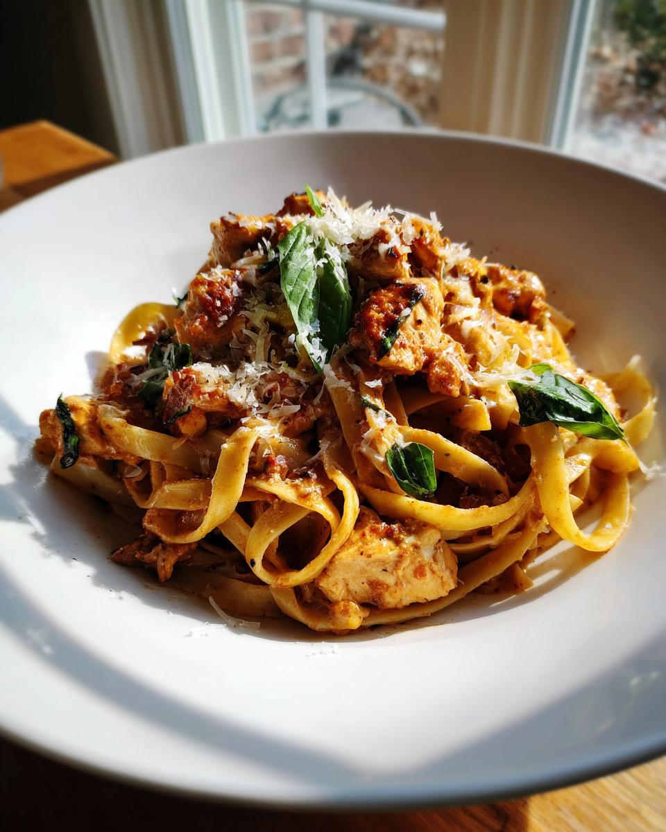 A close-up of a bowl of Parmesan Marry Me Chicken Pasta, featuring fettuccine noodles, chicken pieces, and fresh basil.