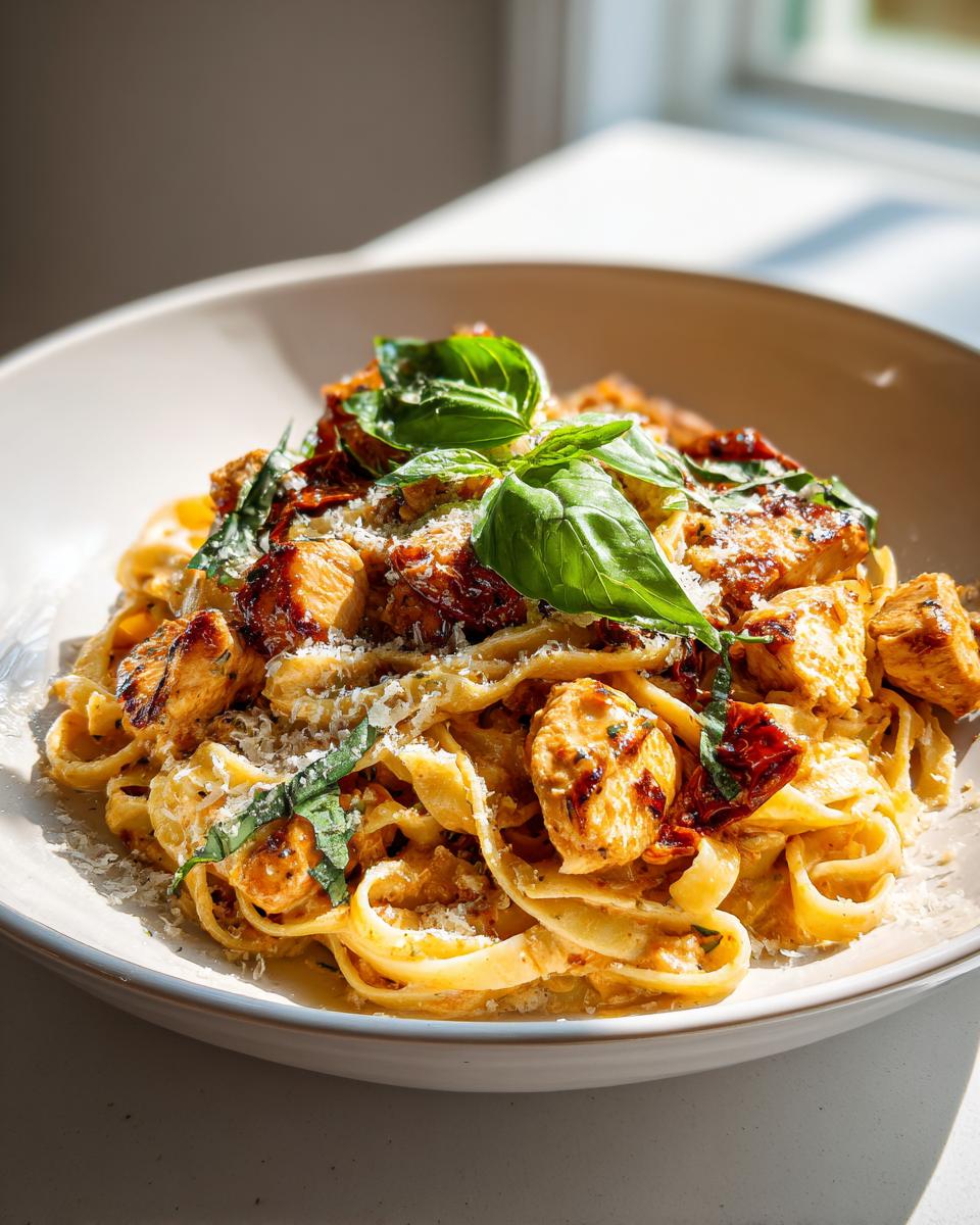 A close-up of creamy Parmesan Marry Me Chicken Pasta topped with fresh basil and sun-dried tomatoes.