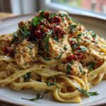 A close-up of Parmesan Marry Me Chicken Pasta, featuring creamy fettuccine noodles topped with tender chicken pieces and sun-dried tomatoes, garnished with fresh herbs.