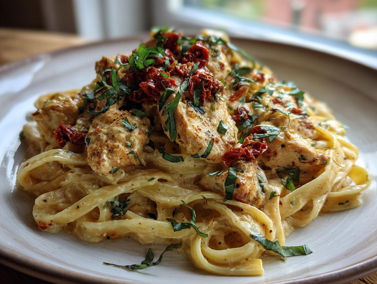 A close-up of Parmesan Marry Me Chicken Pasta, featuring creamy fettuccine noodles topped with tender chicken pieces and sun-dried tomatoes, garnished with fresh herbs.