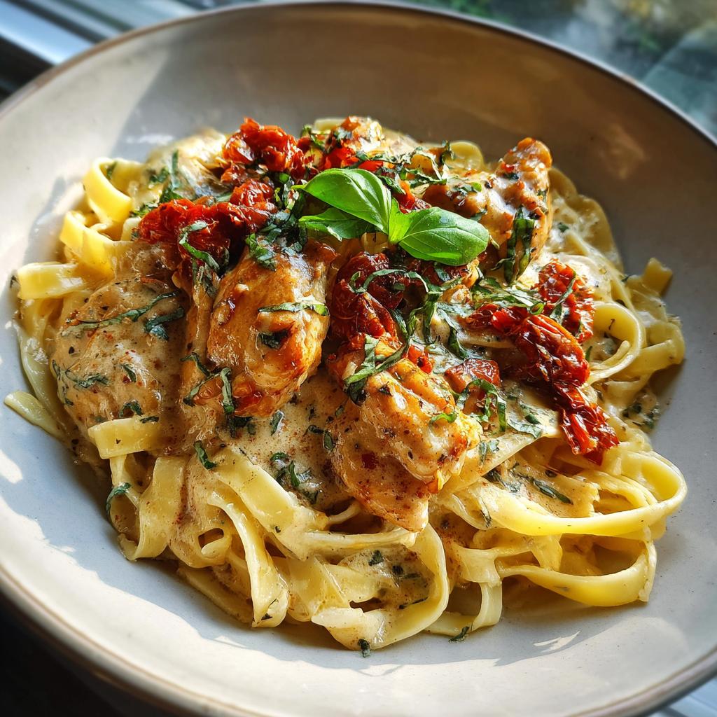 A close-up of creamy Parmesan Marry Me Chicken Pasta, topped with sun-dried tomatoes and fresh basil.