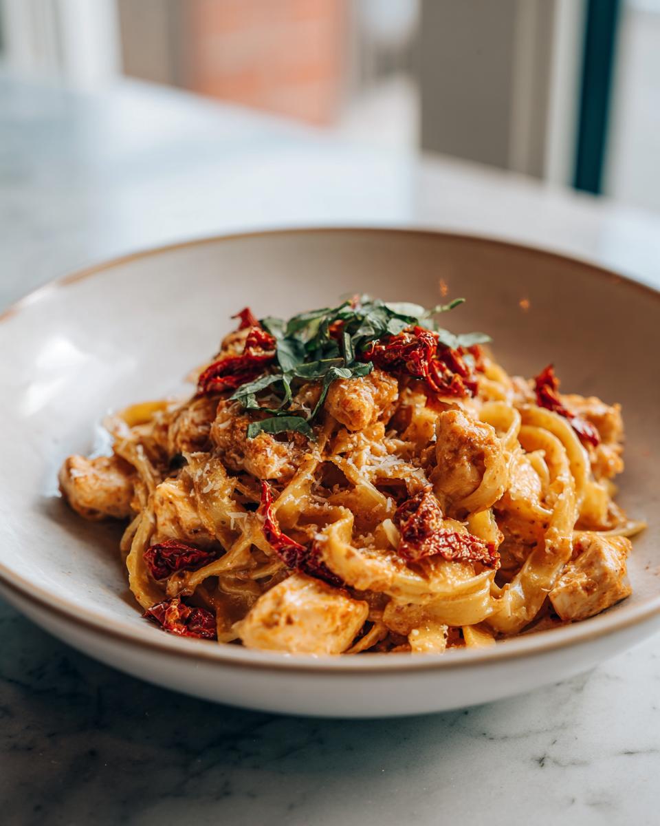A close-up of a bowl of Parmesan Marry Me Chicken Pasta, featuring fettuccine, chicken pieces, sun-dried tomatoes, and fresh basil.