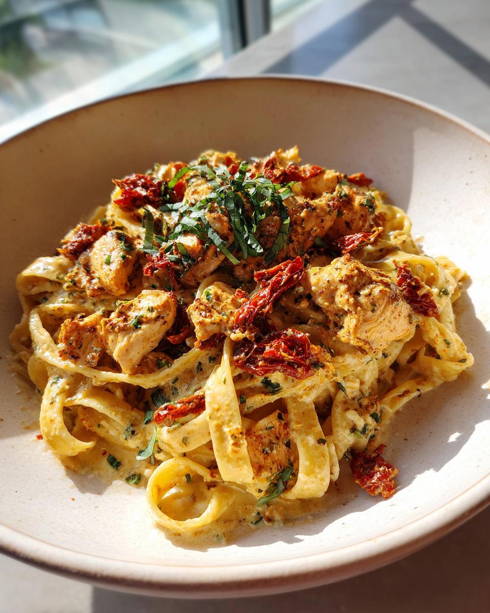 A close-up of creamy Parmesan Marry Me Chicken Pasta, topped with sun-dried tomatoes and fresh herbs.